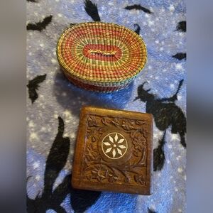 Intricately Carved Wooden Trinket Box / Inlay And a Small Woven Reed Container